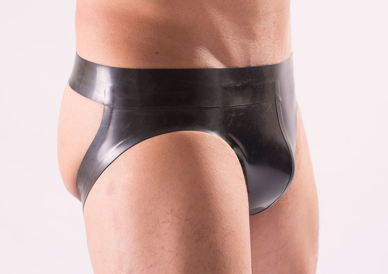 Image of Rubber Jockstrap, Briefs Style Front, With Contrast Colour Waistband. Heavy Weight 0.8mm Thickness Latex