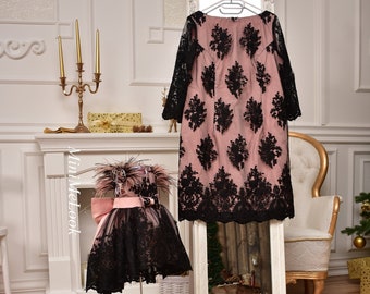 Mommy And Me Dresses, Mommy and Me Outfits, Mother Daughter Matching Dress, Pink and Black Lace Dress, Family Matching Dress, Feather Dress