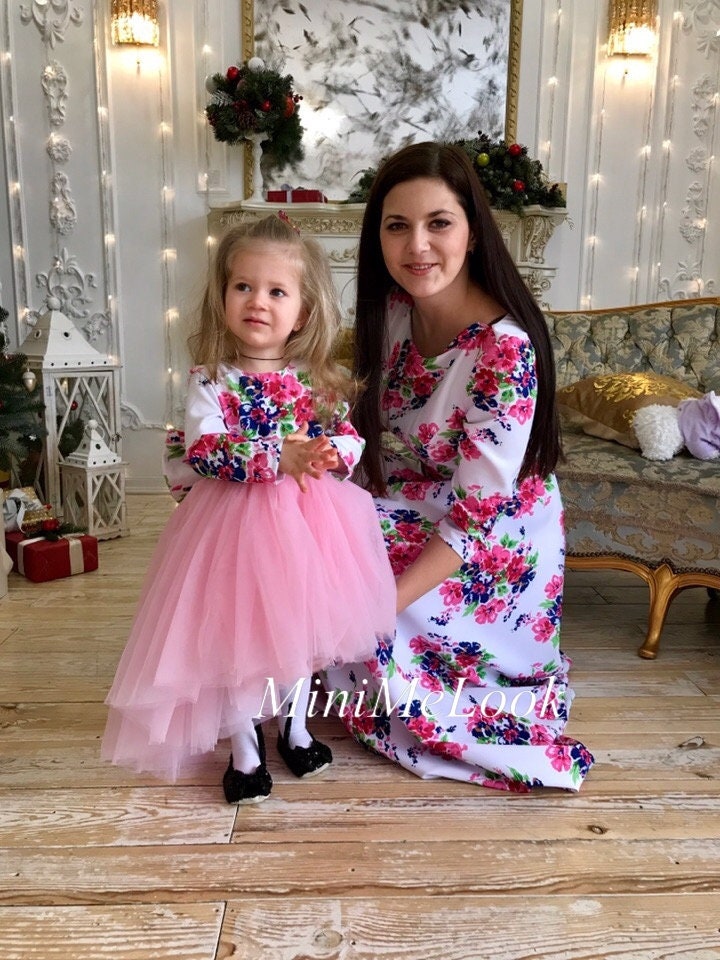Mommy and Me Dresses Casual Long Sleeve Floral Family Outfits Spring Fall Matching One Piece Short Dress Sundress