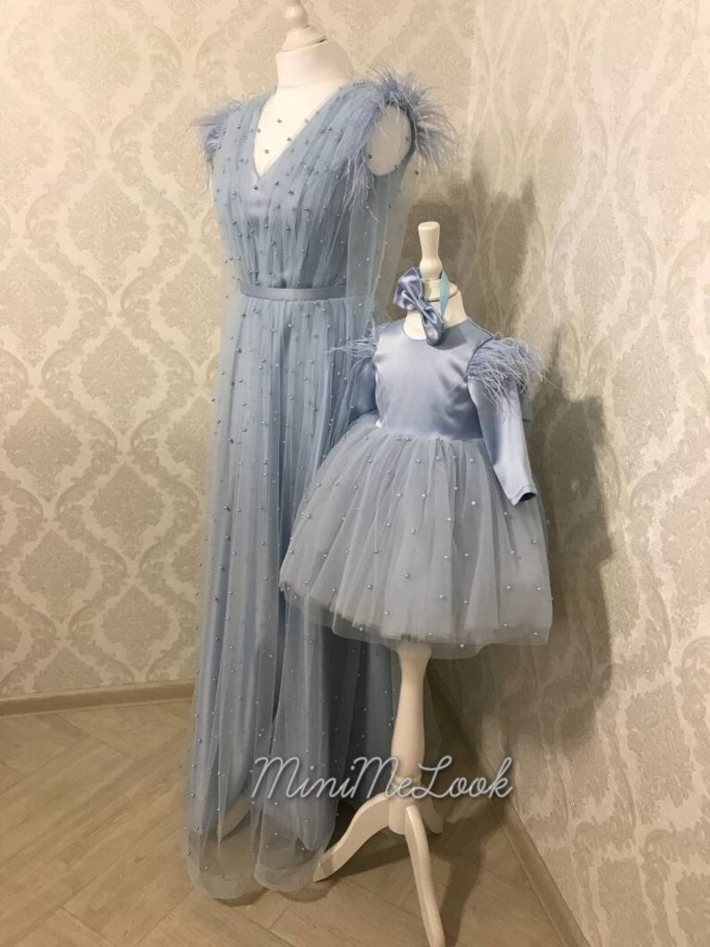 Party mother daughter matching dresses in dusty blue color with pearls and feathers elegant maxi evening Mommy and Me outfits