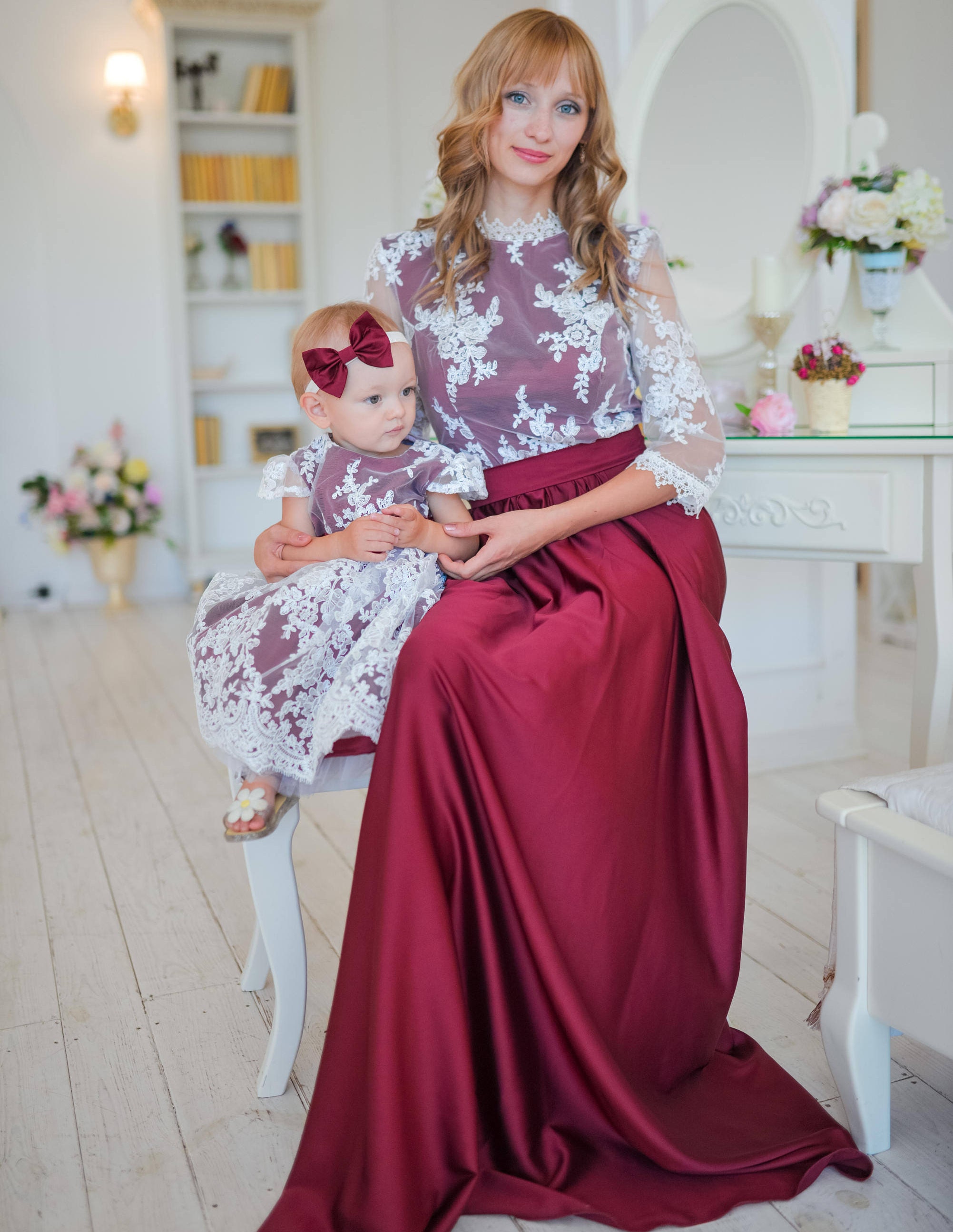 Burgundy Mommy And Me Matching Dresses Mother Daughter Etsy