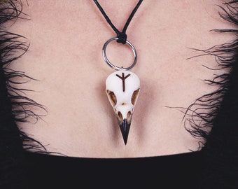 Crow Skull with custom Rune, resin replica hand painted, gothic necklace shaman tribal viking