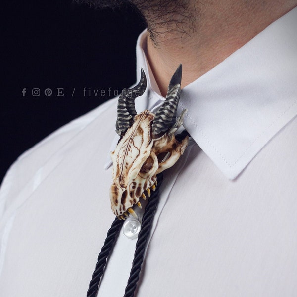 Dragon Skull Bolo Tie, resin replica hand painted, gothic steampunk texan native american texas