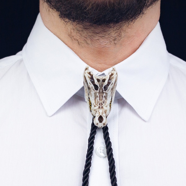 Crocodile skull Bolo Tie, resin replica hand painted, shaman tribal steampunk texan native american