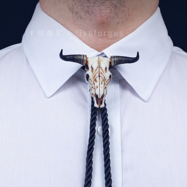Bull Skull Bolo Tie, resin replica hand painted, gothic steampunk texan native american