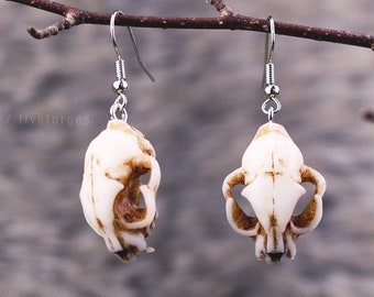 Cat skull earrings, resin replica hand painted, shaman tribal witch pagan