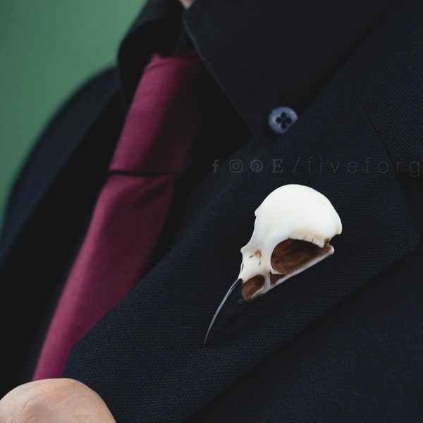 Crow skull brooch pin, resin replica hand painted, viking gothic wedding, groom gift