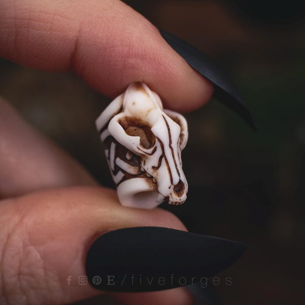 Wolf Skull bead for dreadlocks, hair braiding, and beard, resin replica hand-painted, gothic shamanic