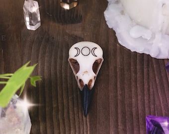 Crow skull with engraved Triple Goddess symbol, resin replica hand painted, witch gothic dark academia