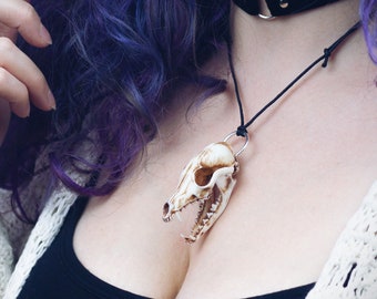 Fox skull with moving jaw necklace, resin replica hand painted, shaman gothic witch