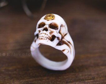 Human skull with Sacred Eye ring, resin replica hand painted, gothic shaman, gift for him, man ring