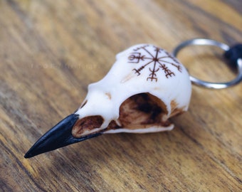 Crow skull with engraved Vegvisir symbol, resin replica hand painted, viking gothic shaman