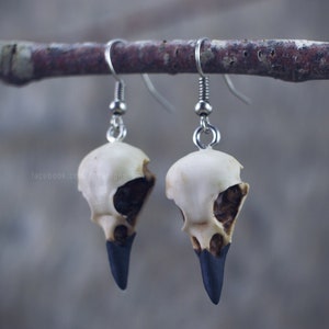Boucles d'oreilles à crochet en forme de crânes de corbeau, répliques en résine peintes à la main, style gothique, sorcière et chamanique
