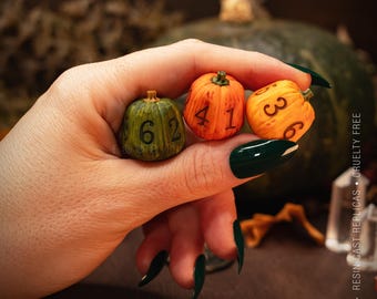 Dados de calabaza d6, tres colores otoñales disponibles, resina pintada a mano, accesorios de rol de fantasía Goblincore, idea de regalo original y divertida