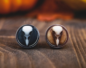 Crow skull stud earrings, resin replica hand painted, witch gothic shaman fantasy cosplay larp