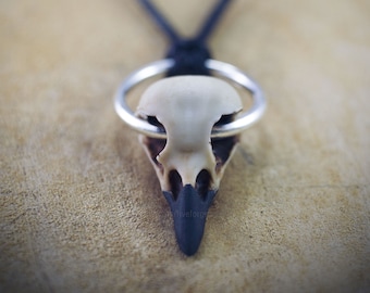 Crow skull miniature necklace, resin replica hand painted, Five Forges original design, shaman goth tribal