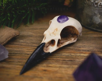 Crow Skull necklace with stone cabochon, resin replica hand painted, Gems available in different colors