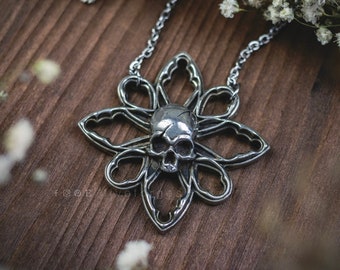 Human skull necklace Gothic flower, fine pewter pendant, Cathedral Death, gothic dark academia