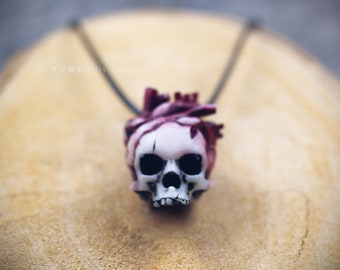 Anatomical heart skull necklace, resin replica hand painted, gothic witch macabre dark