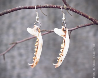 Tiny Fox jaw earrings, resin replica hand painted, shaman tribal witch pagan