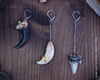 Single earring of your choice from Harpy claw, Wolf tooth or Shark tooth, resin replica hand painted, man earring