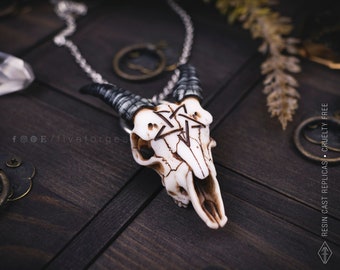 Goat skull necklace, resin replica hand painted, gothic shaman tribal witch satanic