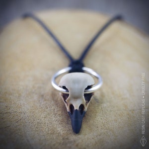 Crow skull miniature necklace, resin replica hand painted, Five Forges original design, shaman goth tribal