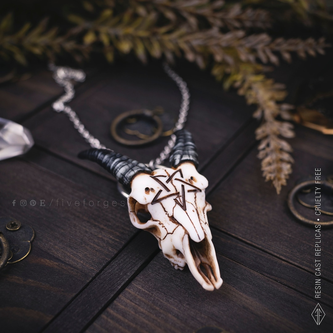 Goat Skull Necklace, Resin Replica Hand Painted, Gothic Shaman