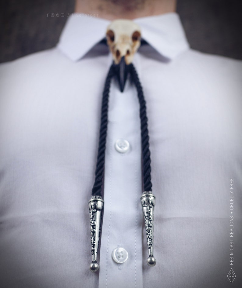 Crow Skull Bolo Tie, resin replica hand painted, gothic steampunk texan native american image 3