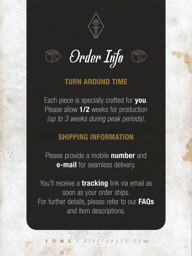 Order Info:
Turn around time: Each piece is specially crafted for you. Please allow 1/2 weeks for production (up to 3 weeks during peak periods).
Shipping Information: Please provide a mobile number and e-mail for seamless delivery. You’ll receive a tracking link via email as soon as your order ships. For further details, please refer to our FAQs and item descriptions.