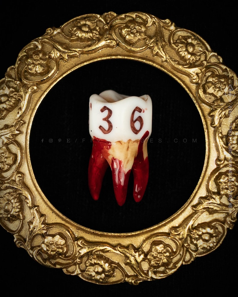 Handcrafted D6 dice shaped like a realistic human molar tooth with aged bone texture and dark gothic numbers. Showing the differet colors available: Bloody.