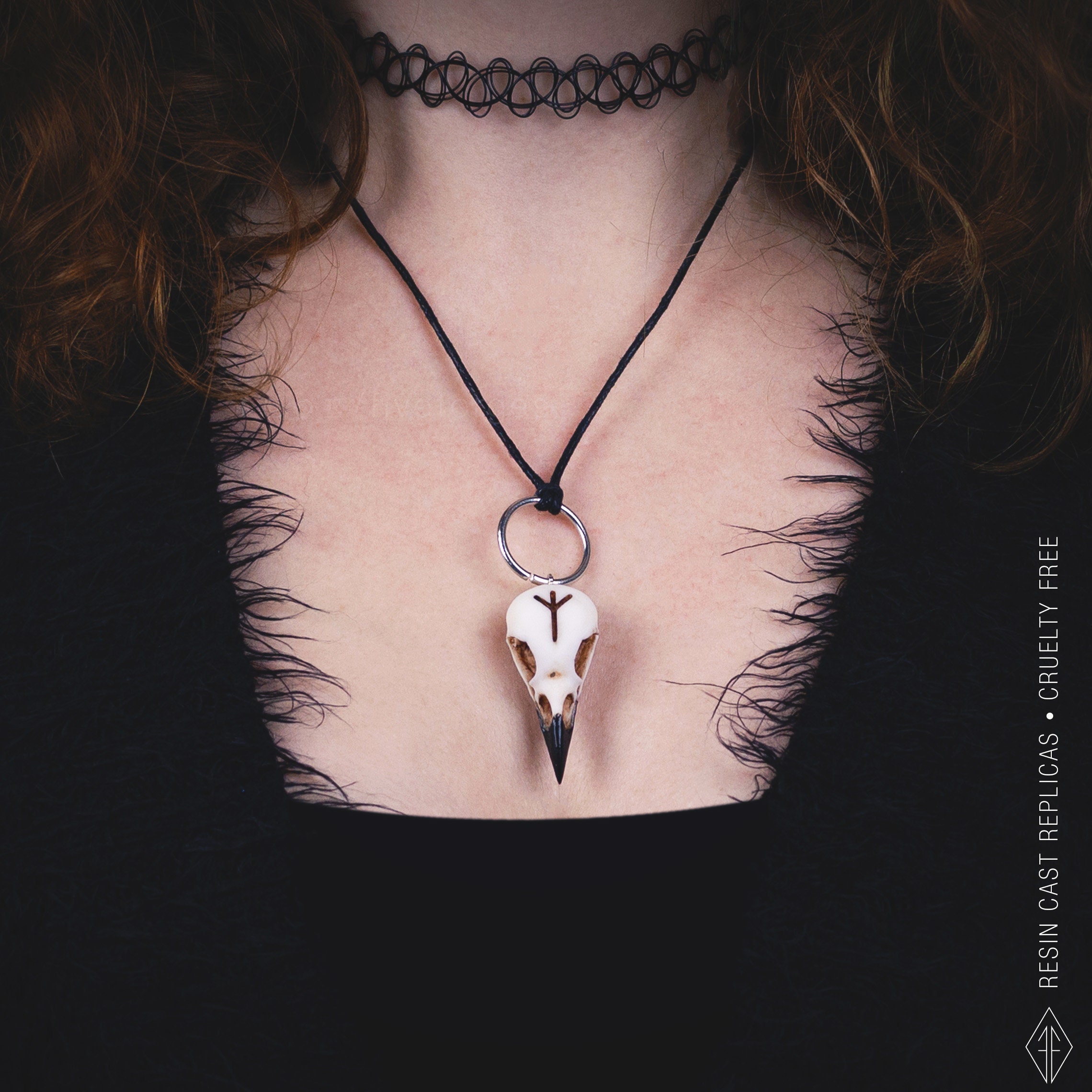 Crow Skull with custom Rune, resin replica hand painted, gothic necklace shaman tribal viking