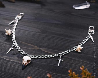 30cm stainless steel Bag chain charms decoration, resin crow skull and vertebrae, accessories emo punk alt goth viking gothic dark academia