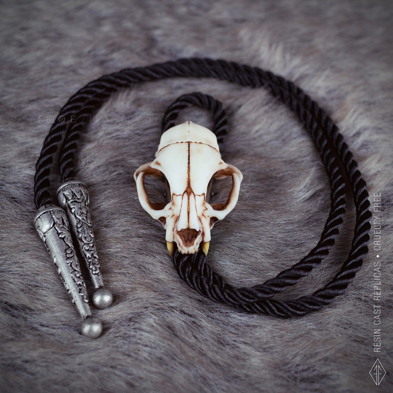 Cat skull bolo tie on a  grey faux fur fabric, oddities and curiosities gift, resin bone jewelry for dark academia and witchy style outfits.