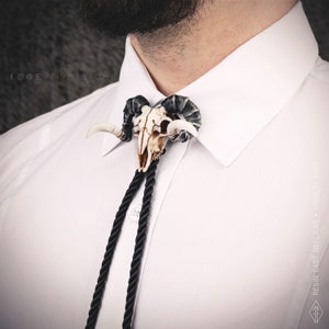 May include: A black bolo tie with a white resin ram skull pendant. The skull has brown accents and black horns. The tie is worn by a person with a white shirt.
