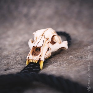 close-up of the bear skull bolo tie on a grey faux fur fabric, forest spirit jewelry, pagan and wiccan style accessory, unique gift for nature lovers.