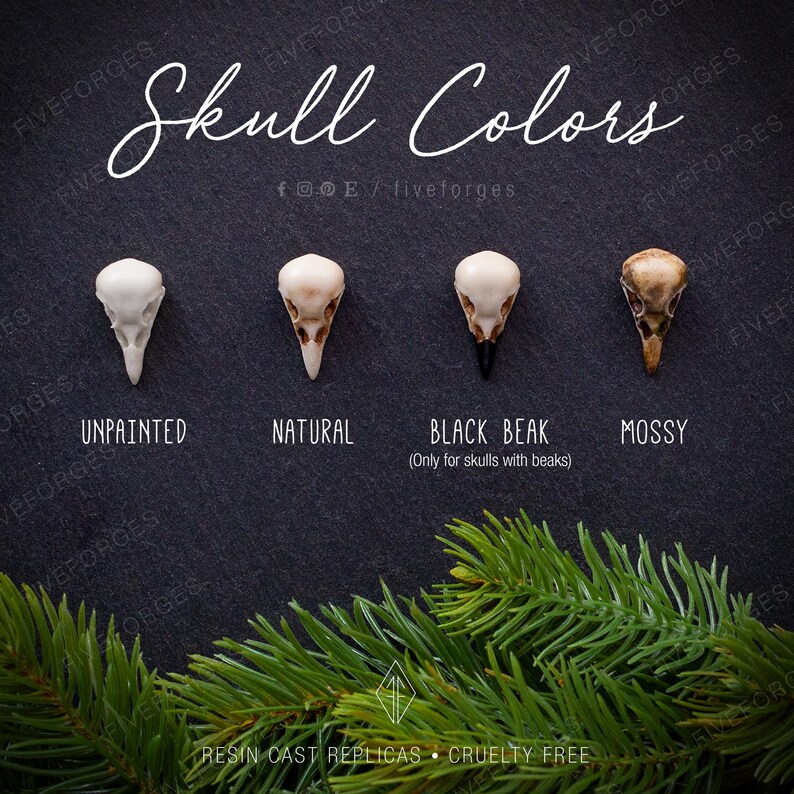 Skull colors available: unpainted, natural, black beak and mossy