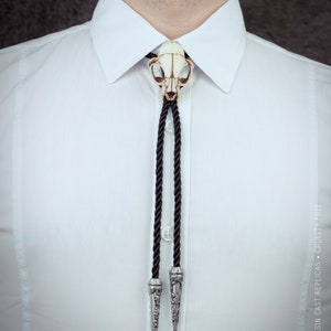 Cat skull bolo tie necklace on black braided cord, resin replica taxidermy jewelry for gothic wedding and western style, texan tie.