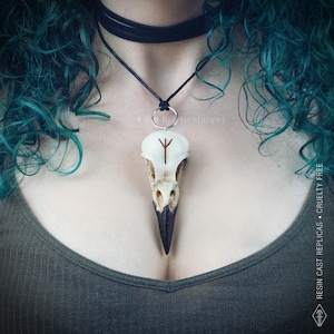 Hand-painted resin raven skull necklace, with a hand-carved Viking rune on the forehead, hanging on a black cord pendant and a silver ring.