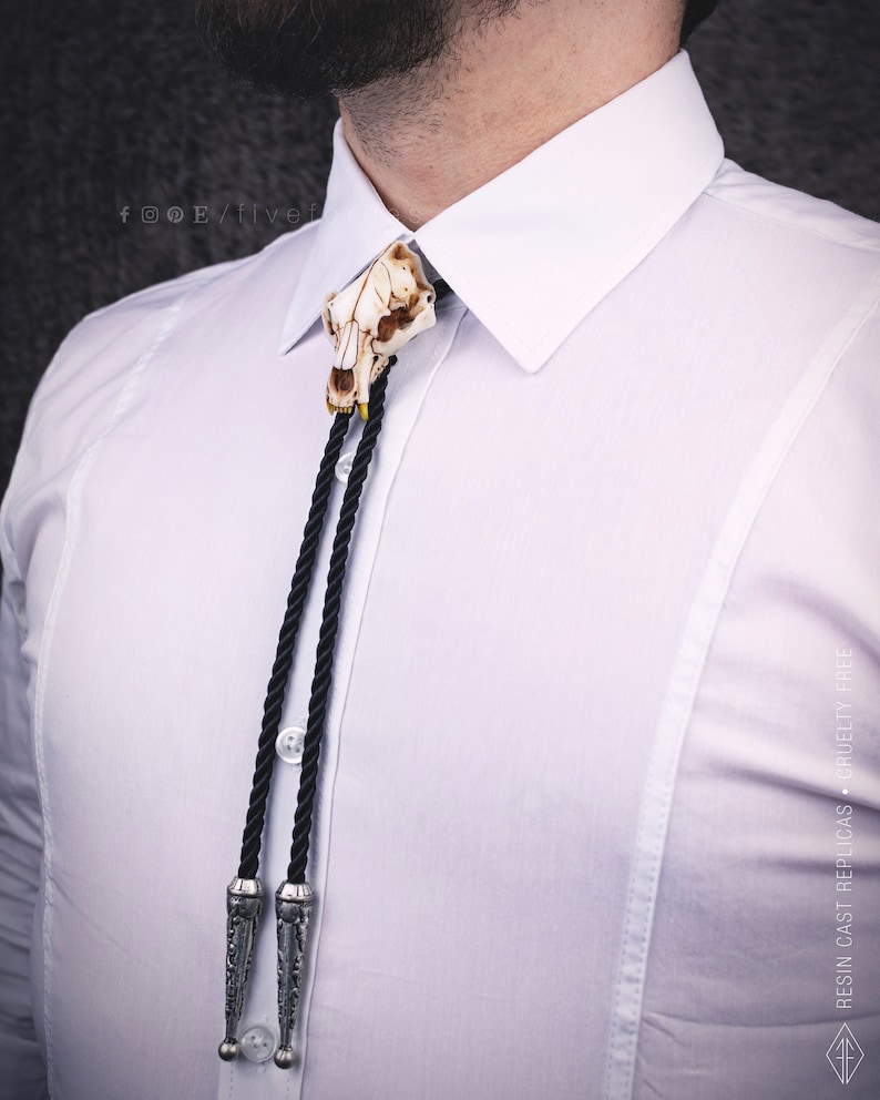 Bear skull bolo tie replica in white resin, western gothic necktie for men and women, cowboy bolo tie with black cord and silver tips.