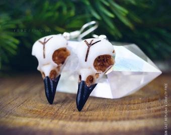 Crow skull pendant earrings with custom Runes, resin replica hand painted, gothic witch shaman viking