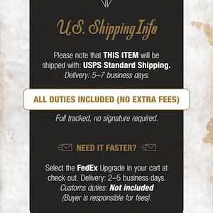 US Customers Info:
Please note that This Item will be shipped with: USPS Standard Shipping.
Delivery: 5–7 business days. Full tracked, no signature required.
Need it faster? Select the FedEx Upgrade in your cart at check out. Delivery: 2–5 business days. Customs duties: Not included (Buyer is responsible for fees).