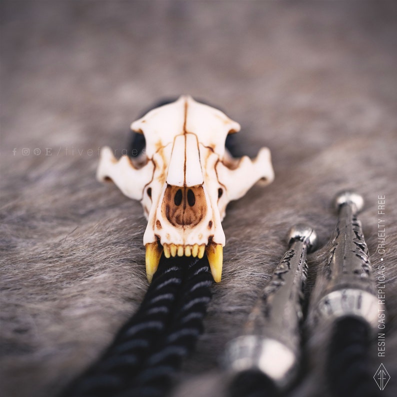 close-up of the bear skull bolo tie on a grey faux fur fabric, forest spirit jewelry, pagan and wiccan style accessory, unique gift for nature lovers.