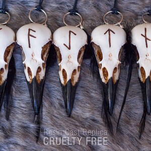 Collection of five cruelty-free resin raven skull pendants with different custom carved Viking runes, tribal shaman style accessories.