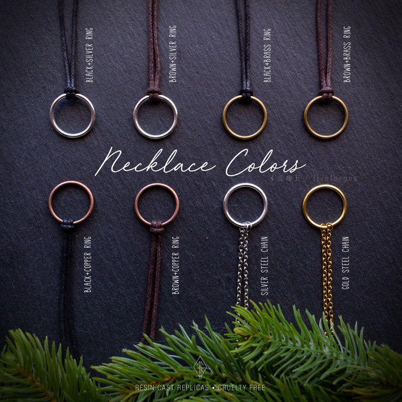 Different options for the necklace: black, brown, nickel free stainless steel gold chain, nickel free stainless steel silver chain.