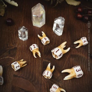 A collection of realistic molar tooth dice scattered on a dark wooden table next to clear quartz crystals, showing different sides and roots of the teeth.