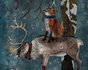 WINTER TALE, fox and reindeer art, yule art, forest animals print