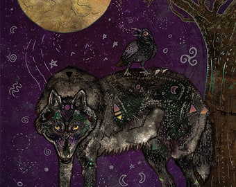 I DON'T SPEAK HUMAN, wolf and raven art print, celtic art, pagan wall art