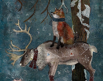 WINTER TALE, fox and reindeer art, yule art, forest animals print