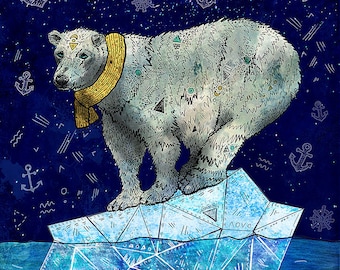 Polar bear on melting ice art print, climate change illustration, environmental folk art